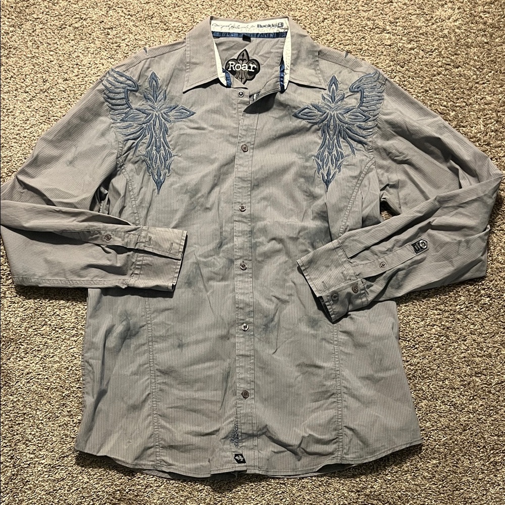 Roar Men's Charcoal Button Down‎ Shirt with Navy Embroidery XL